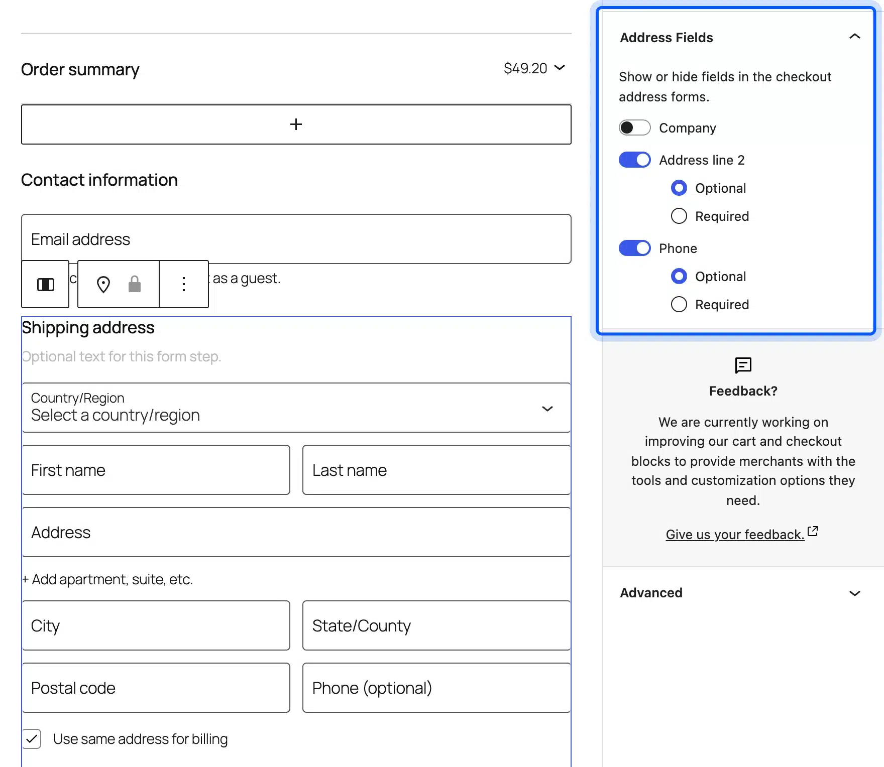 WooCommerce checkout block Address Fields panel for company and phone
