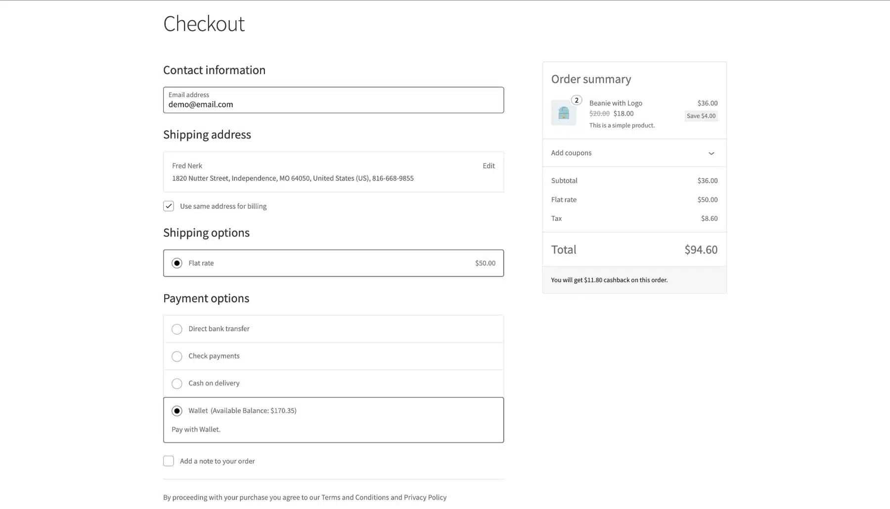 WooCommerce checkout with the wallet payment method showing the available balance