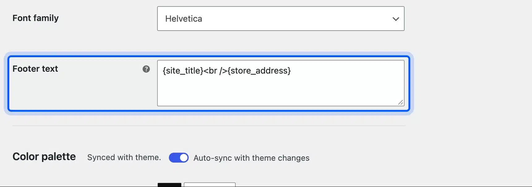 WooCommerce email footer text setting with site title and store address