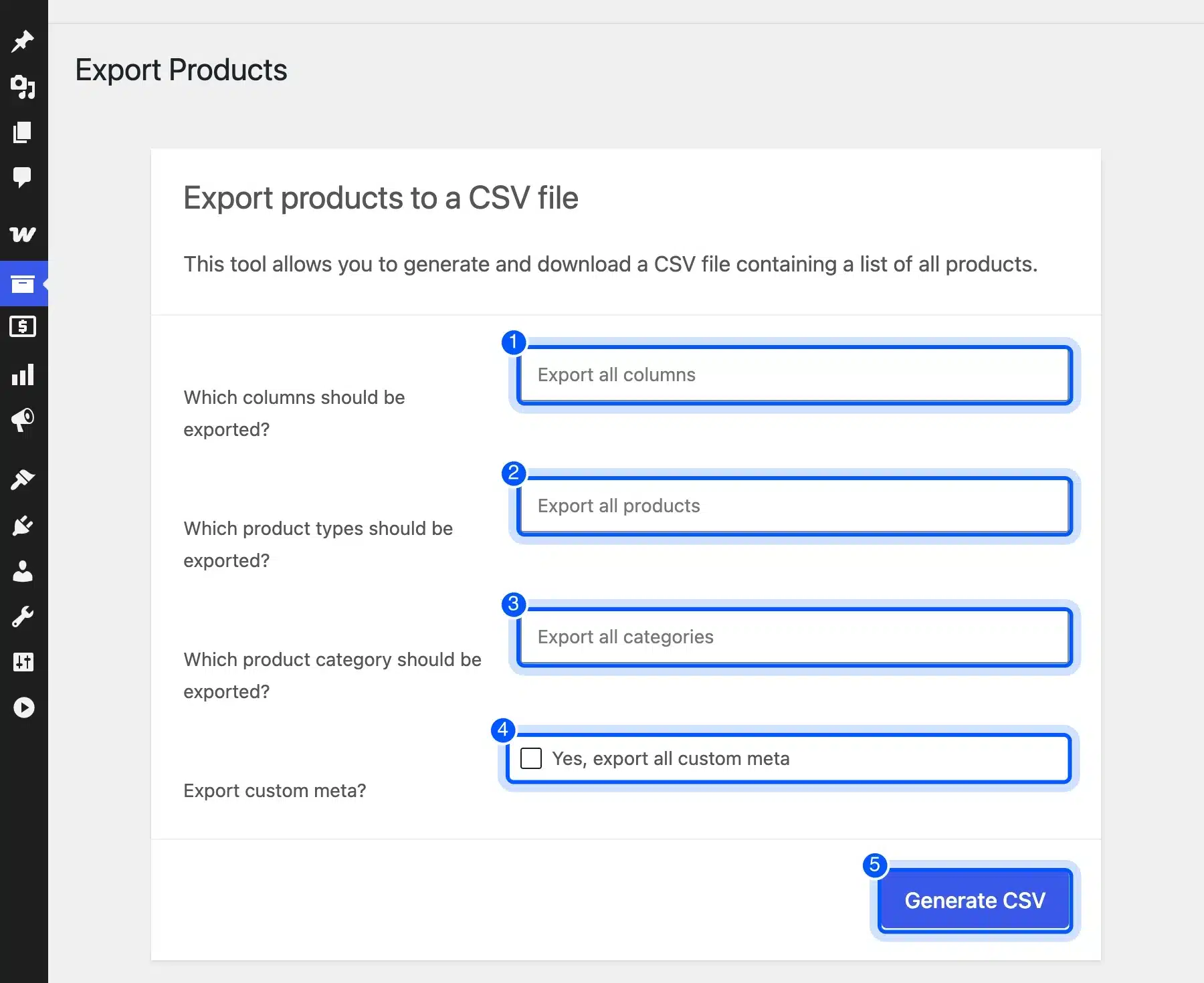 WooCommerce Export Products screen with columns, types and categories