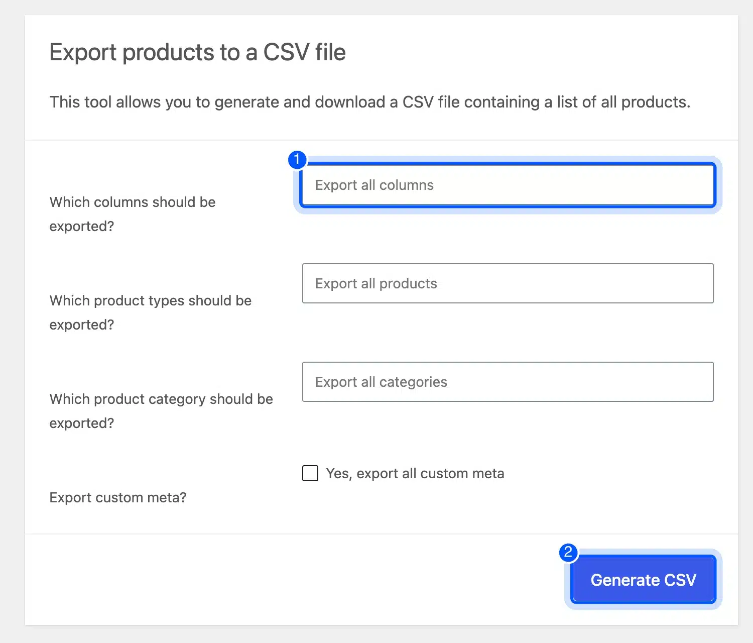 WooCommerce Export Products screen with the column selector and Generate CSV button highlighted