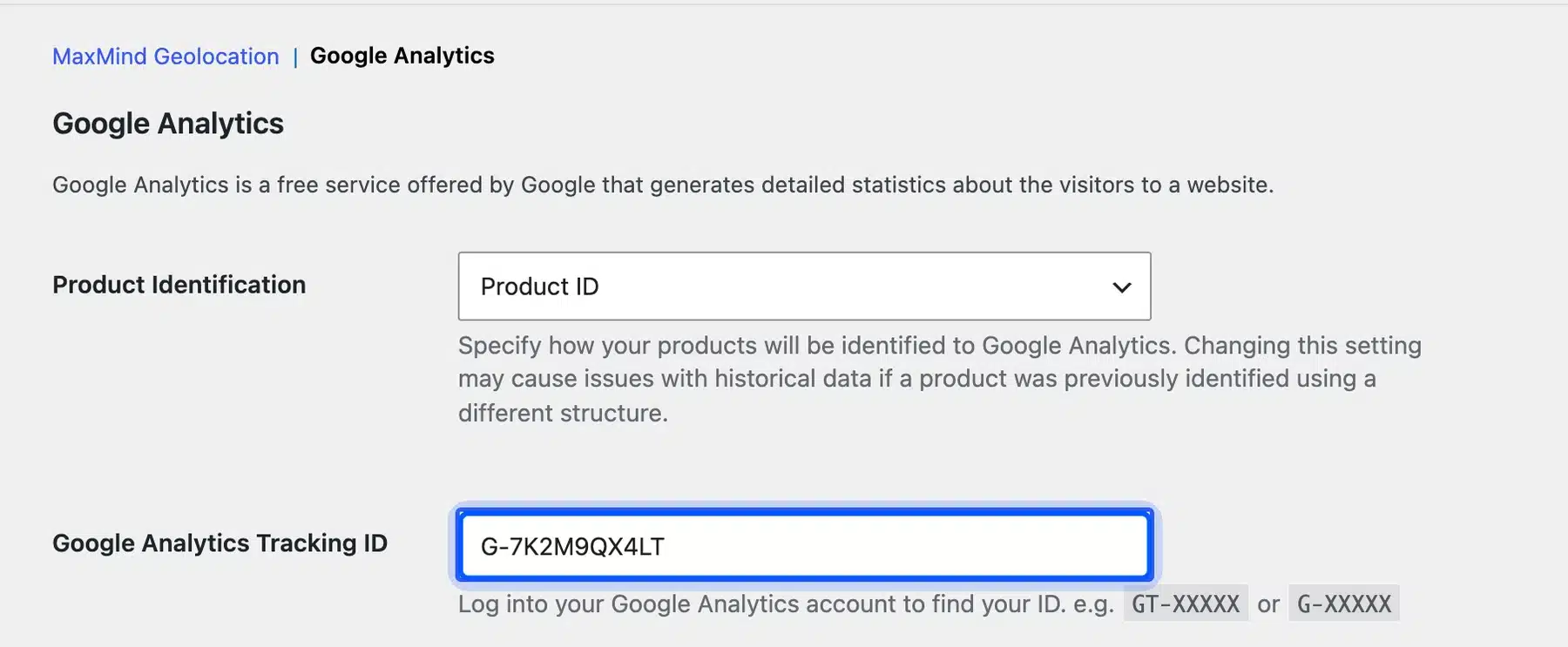 Google Analytics Tracking ID field in the WooCommerce Integration settings