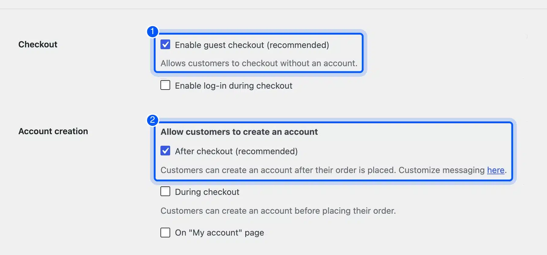 Enable guest checkout setting in WooCommerce Accounts and Privacy