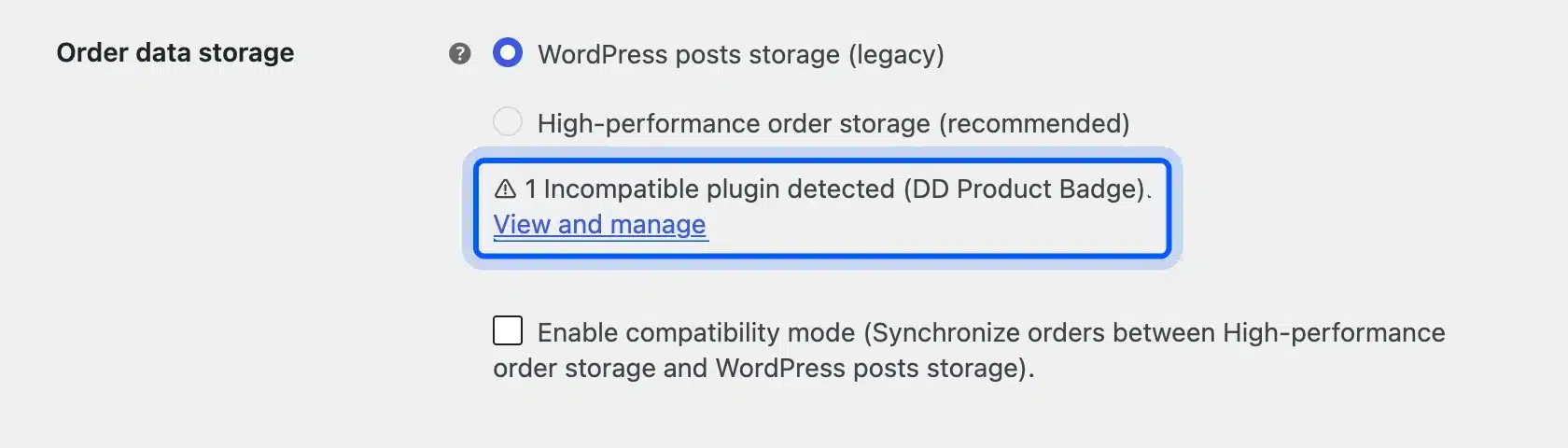 WooCommerce warning about a plugin that is incompatible with HPOS