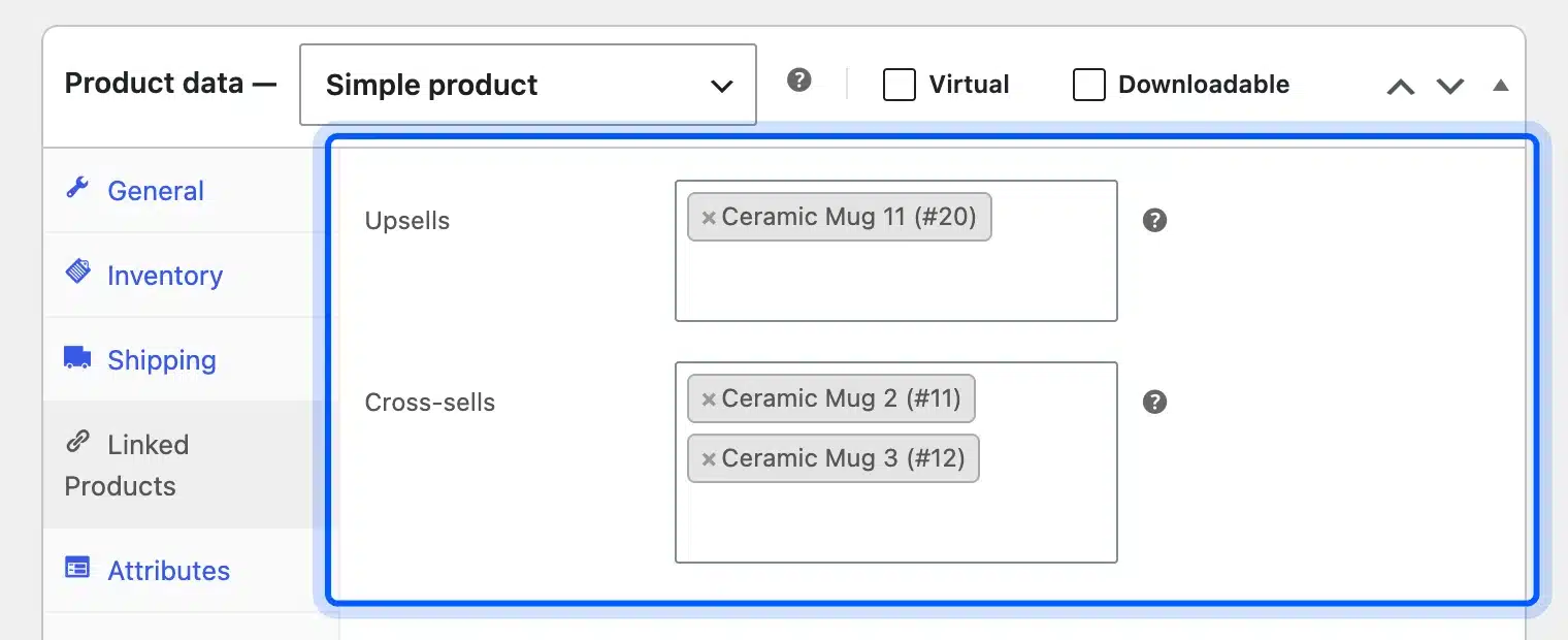 WooCommerce Linked Products tab with upsells and cross-sells
