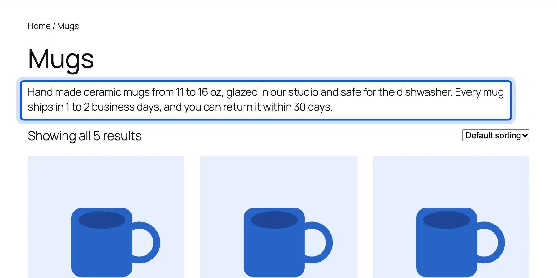 WooCommerce category page showing description text
