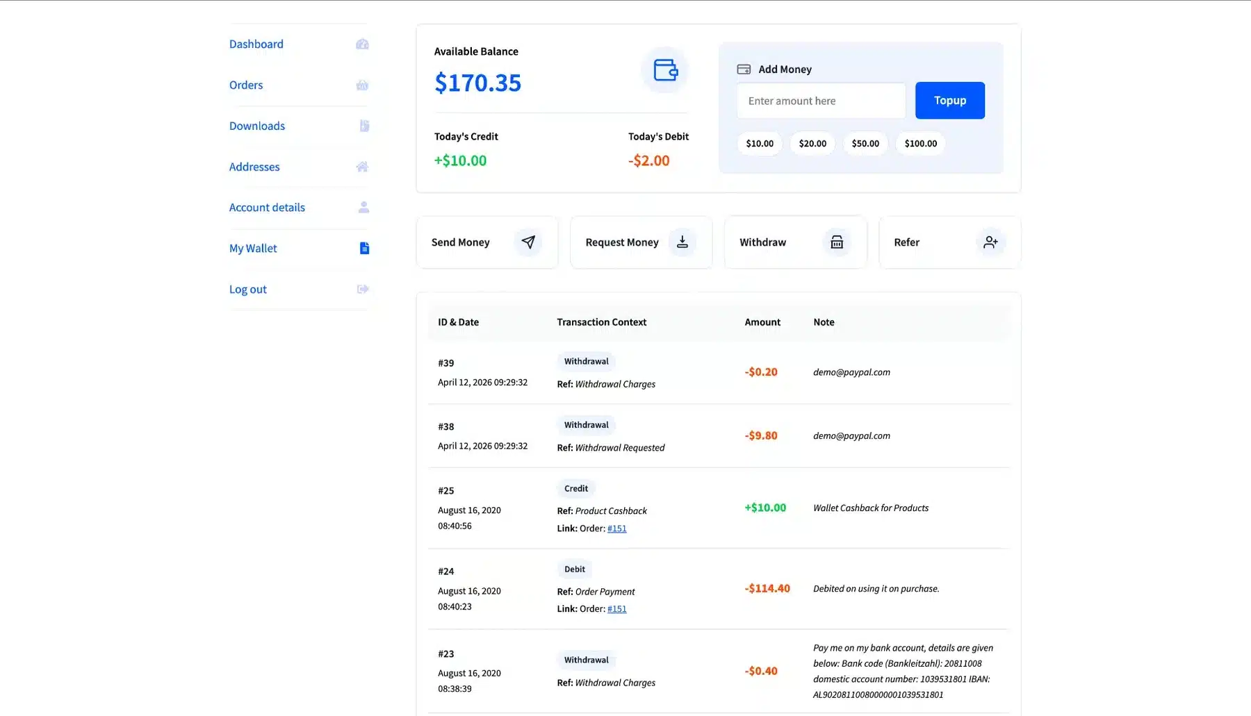 My Account wallet page with balance and top up options plus transaction history