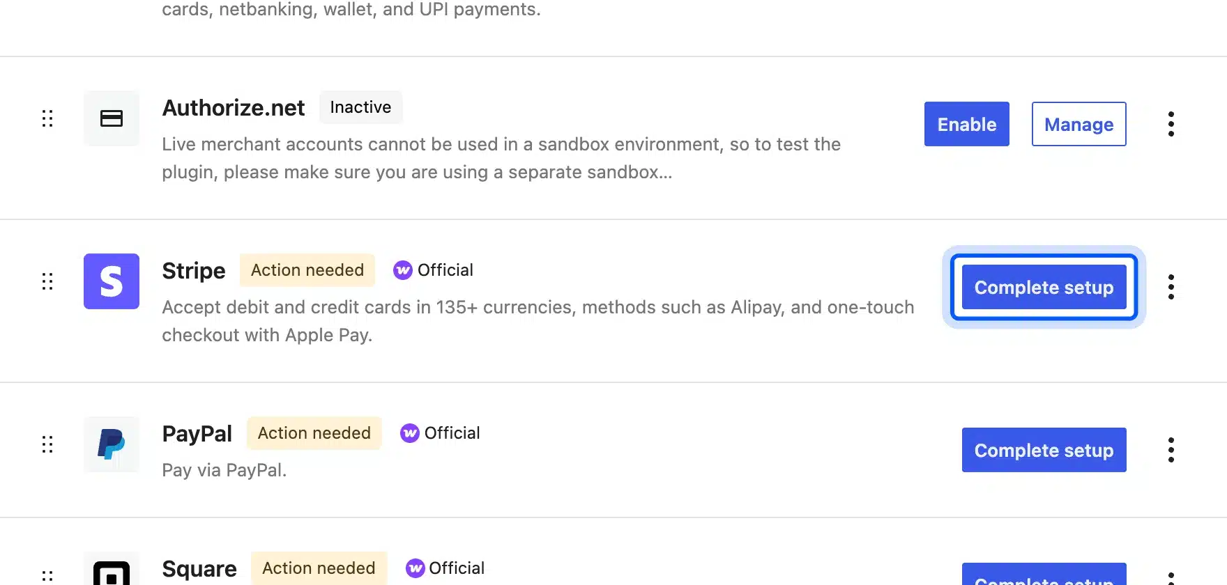 Complete setup button for Stripe on the WooCommerce Payments screen
