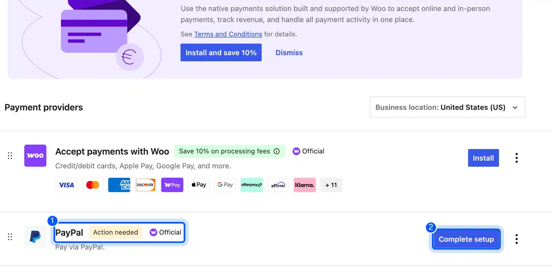 PayPal in WooCommerce payment providers with Complete setup