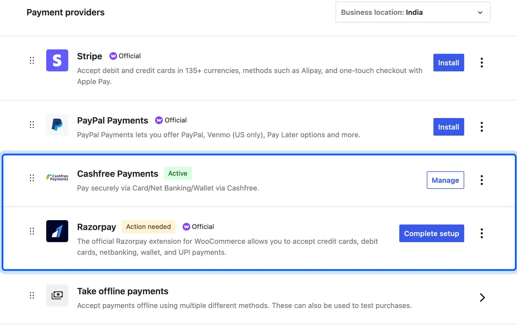 WooCommerce Payments settings listing Cashfree Payments and Razorpay for an Indian store