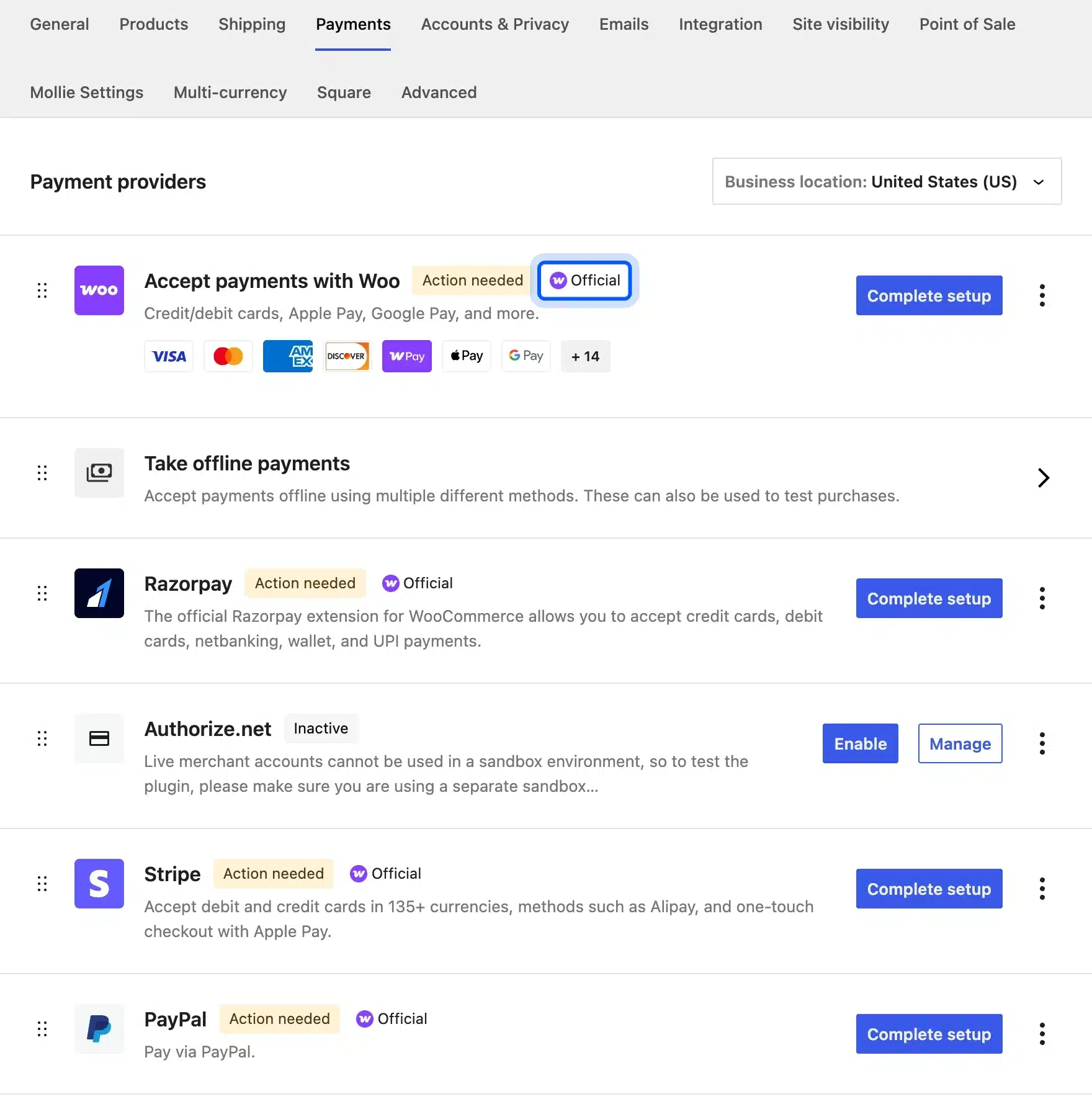 WooCommerce Payments settings screen listing payment providers