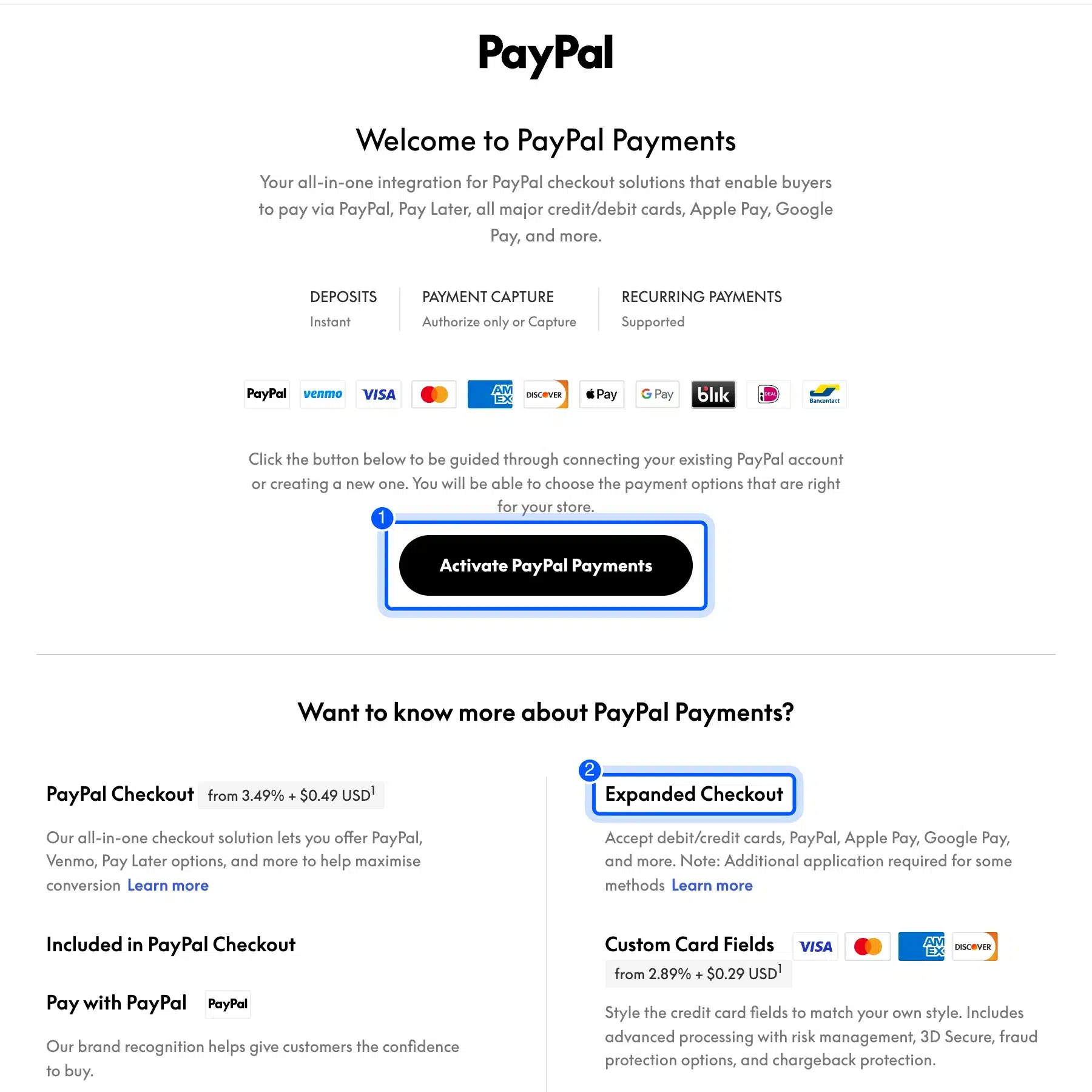 PayPal Payments plugin welcome screen with fees