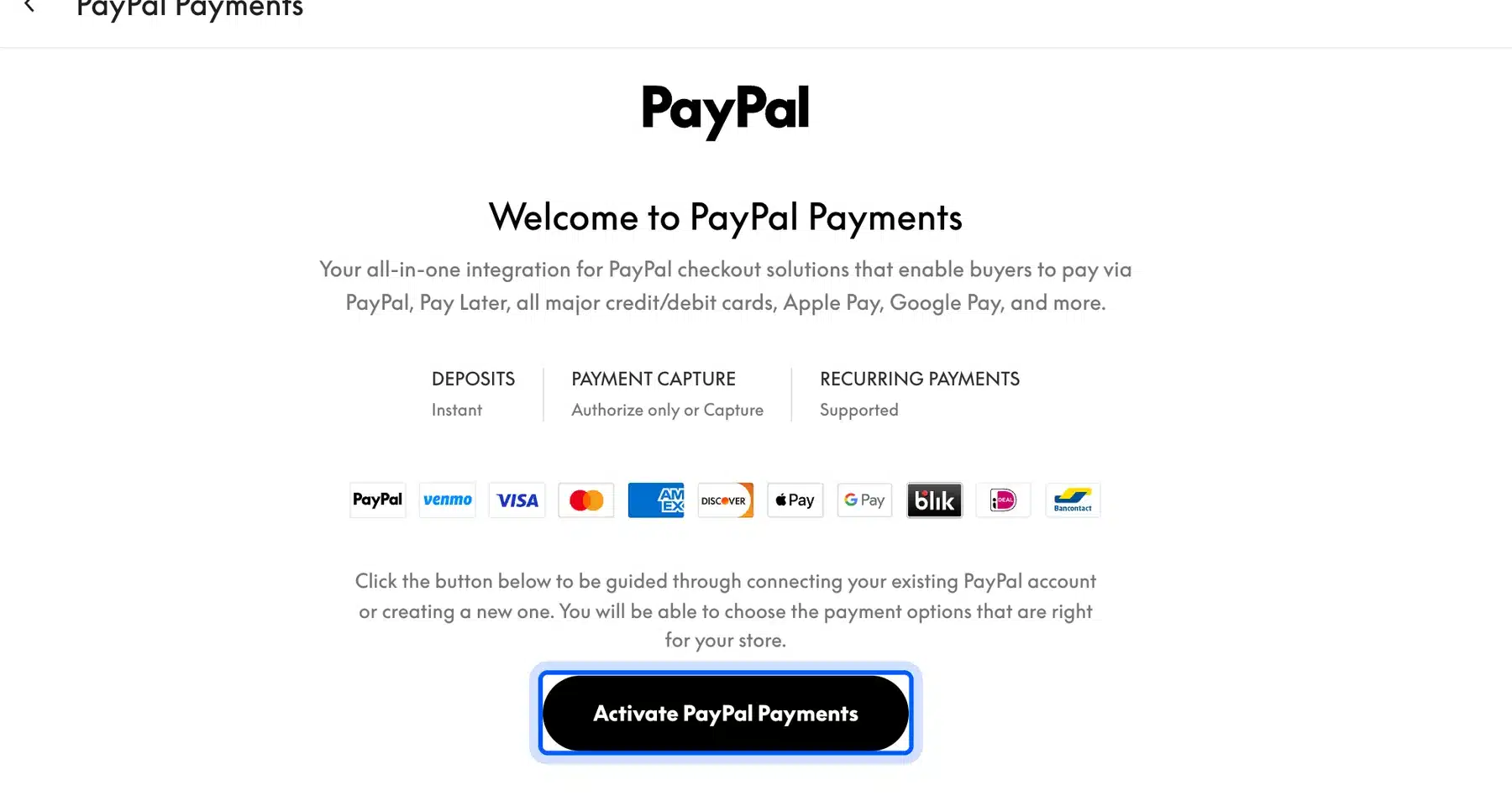 WooCommerce PayPal Payments welcome screen and Activate button