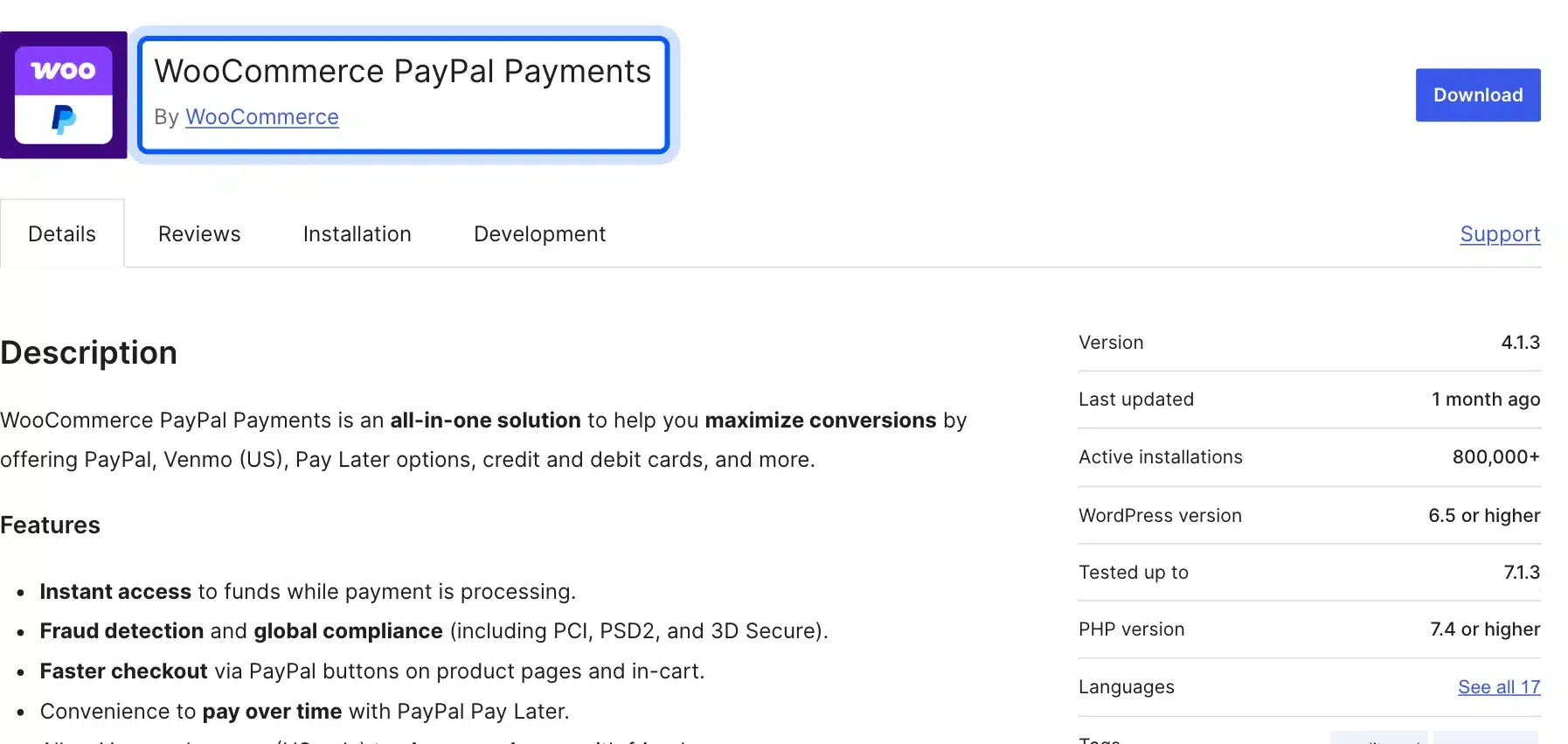 WooCommerce PayPal Payments plugin listing on WordPress.org
