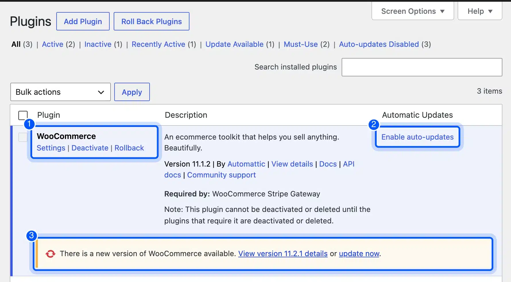 Rollback link under WooCommerce on the WordPress Plugins screen