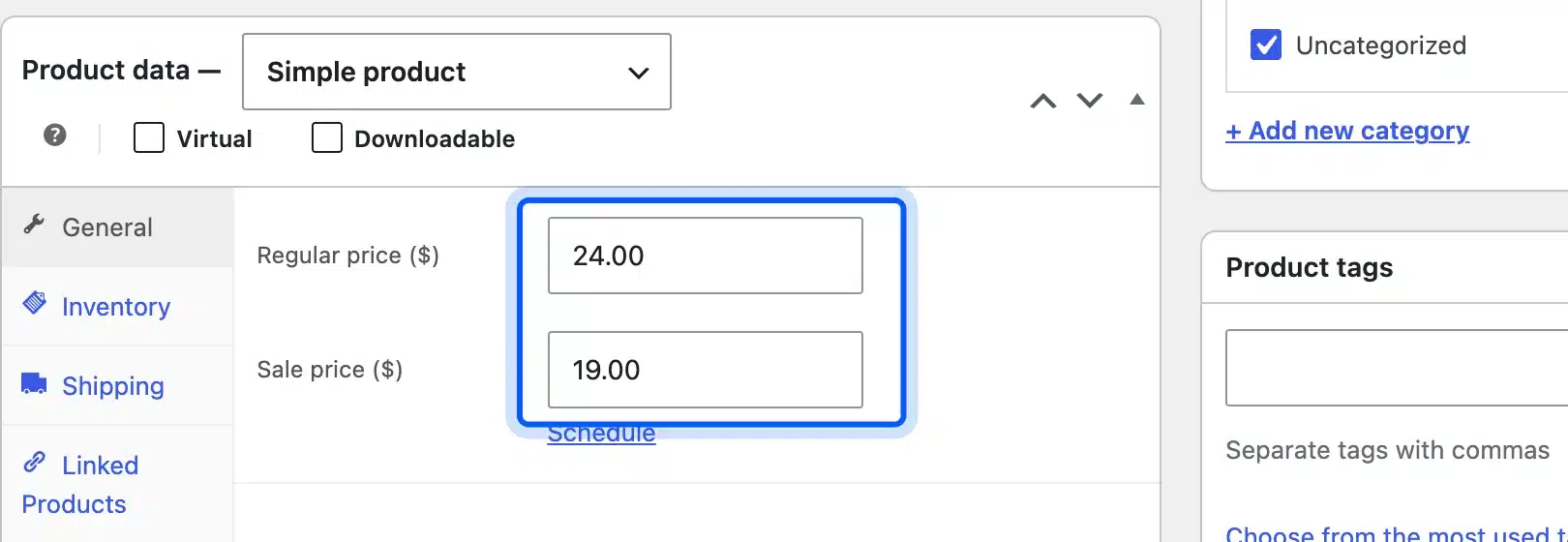 WooCommerce Product data General tab with the regular price and sale price fields highlighted