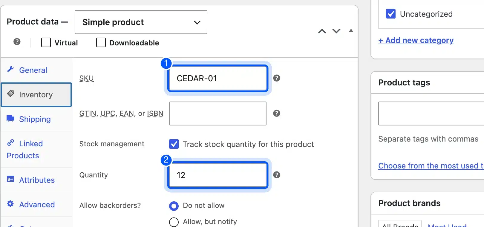 WooCommerce Product data Inventory tab with the SKU and Quantity fields highlighted