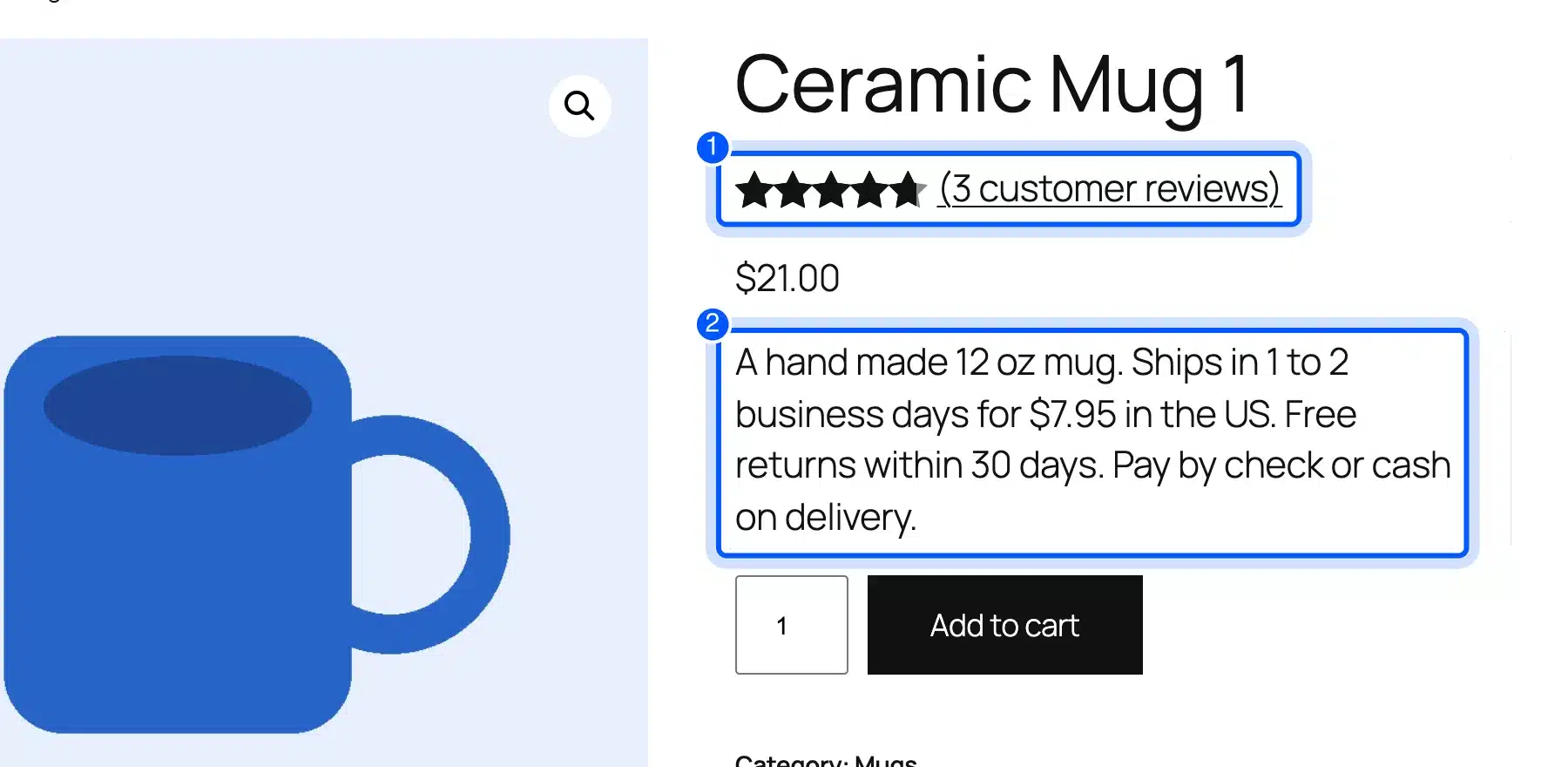 WooCommerce product page with shipping and returns info near Add to cart