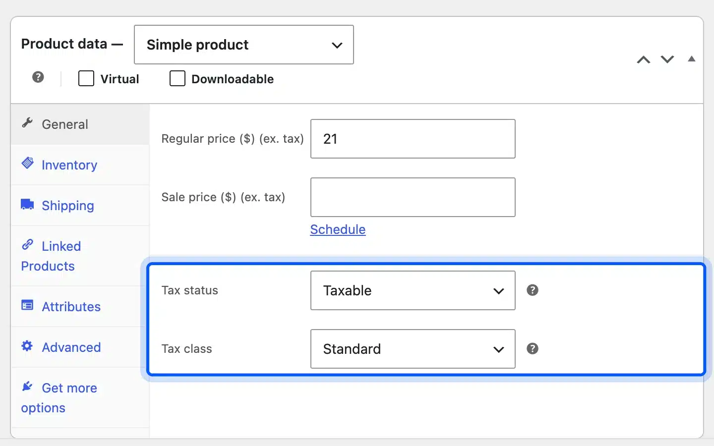 WooCommerce product tax status and tax class fields