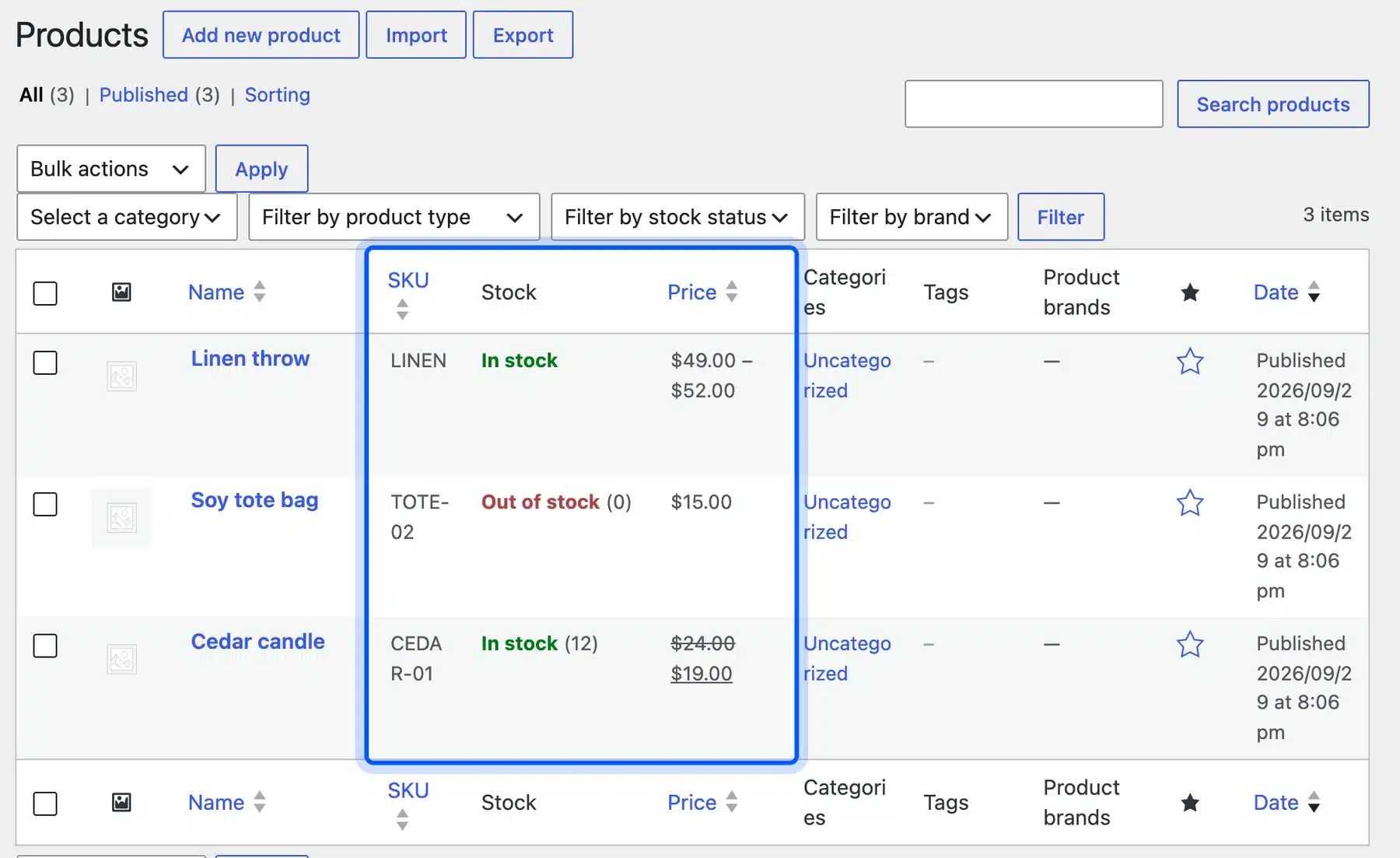 Check WooCommerce product data table values in the products list SKU, Stock and Price columns