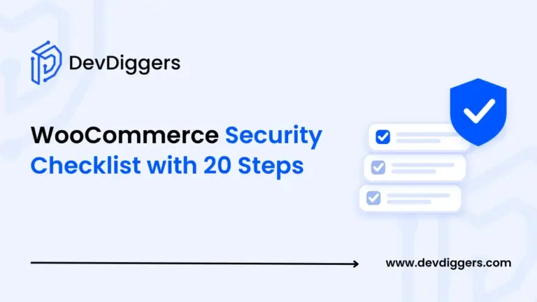 Flat shield and checklist stack icon beside the title WooCommerce Security Checklist with 20 Steps