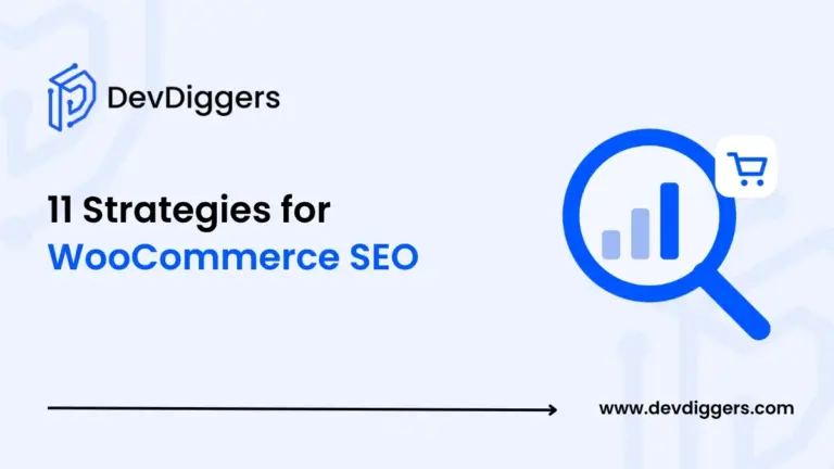 Flat magnifier and bar chart icon beside the title 11 Strategies for WooCommerce SEO