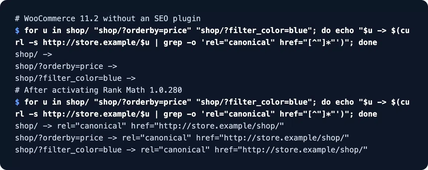 Canonical tags on WooCommerce shop URLs before and after an SEO plugin