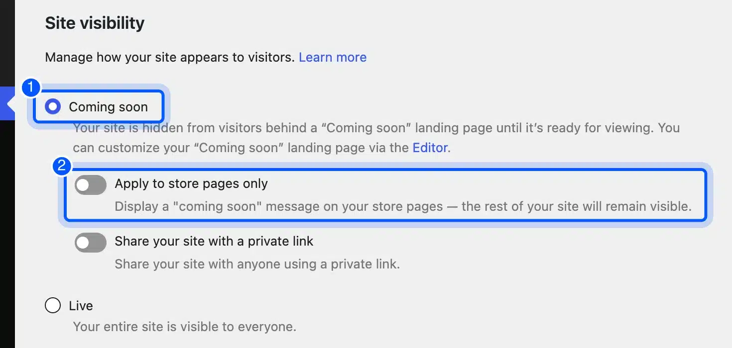 WooCommerce Site visibility settings with Coming soon and Apply to store pages only