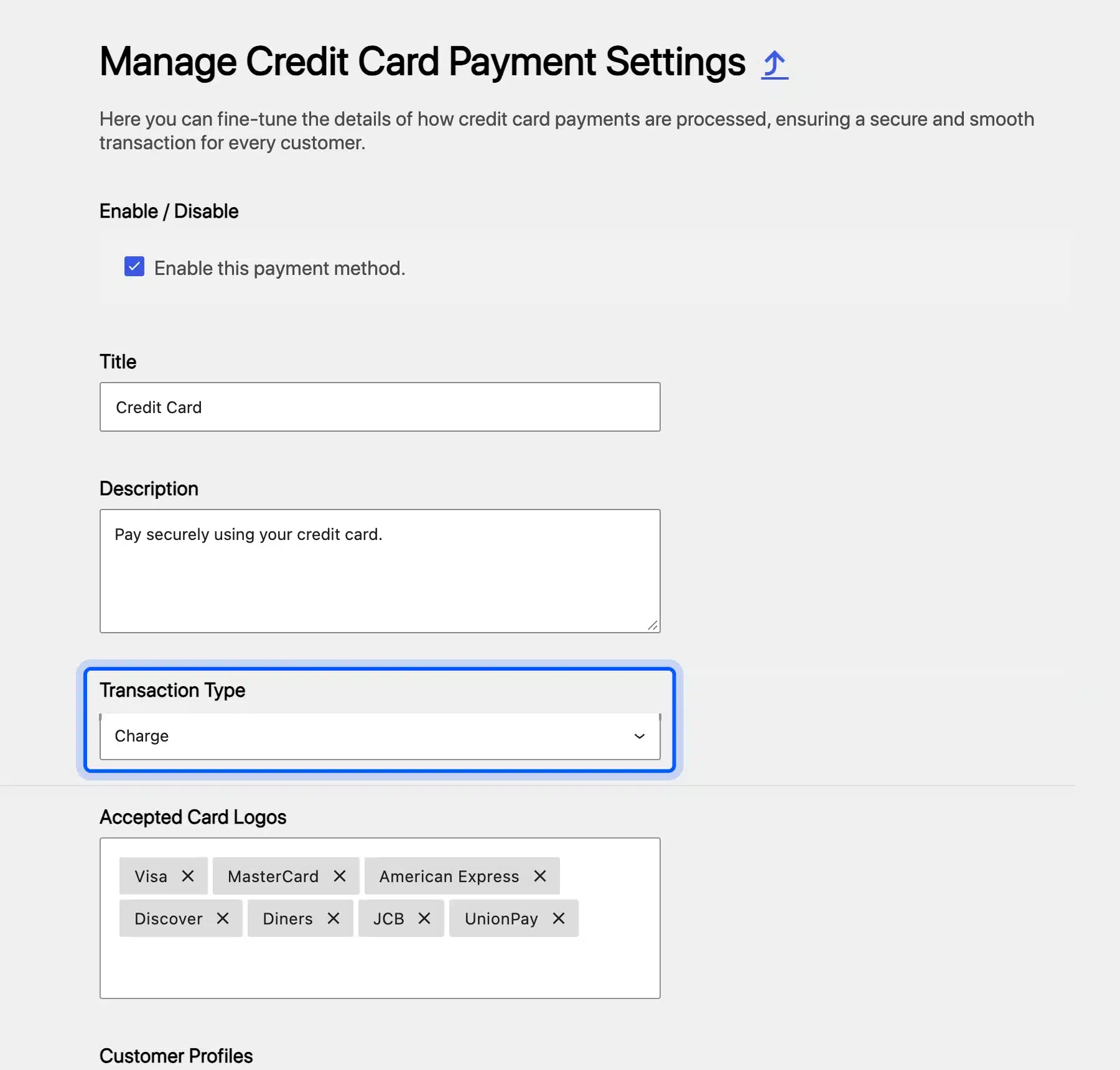 Square credit card payment settings in WooCommerce