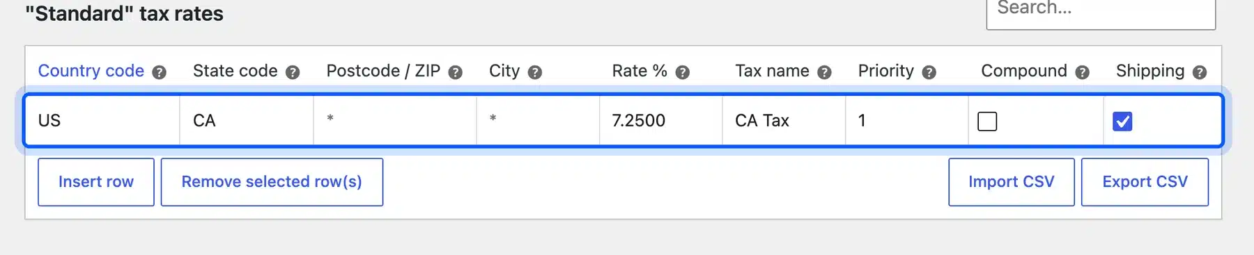 WooCommerce standard tax rate for California at 7.25 percent