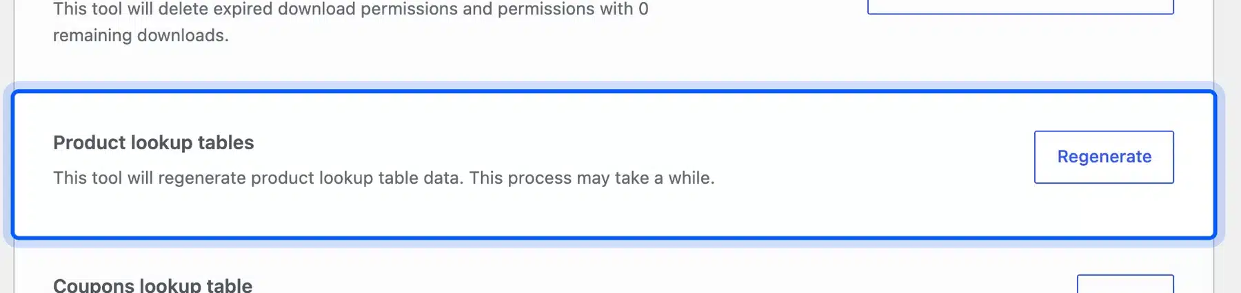 WooCommerce Status Tools screen with the Product lookup tables Regenerate tool highlighted