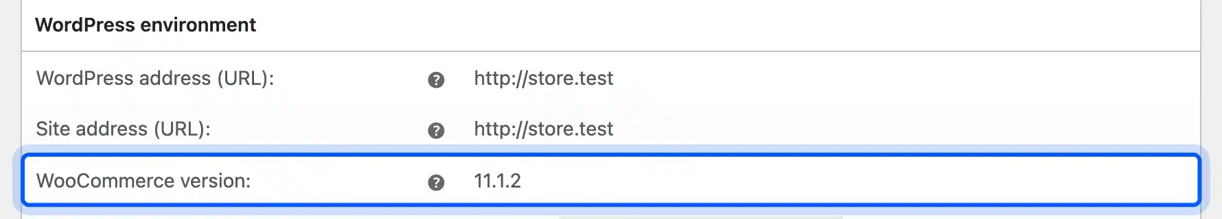 WooCommerce Status screen showing the version after the downgrade