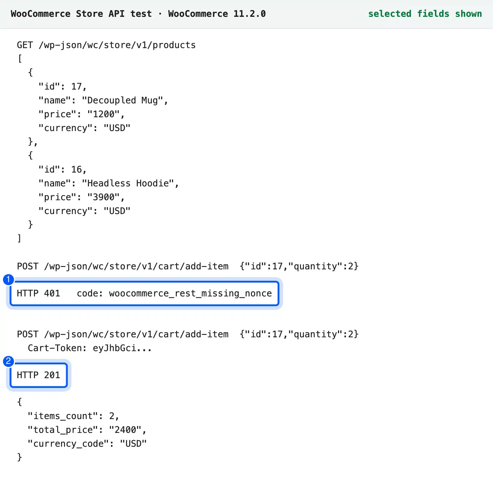 Headless WooCommerce Store API cart test with Cart-Token header