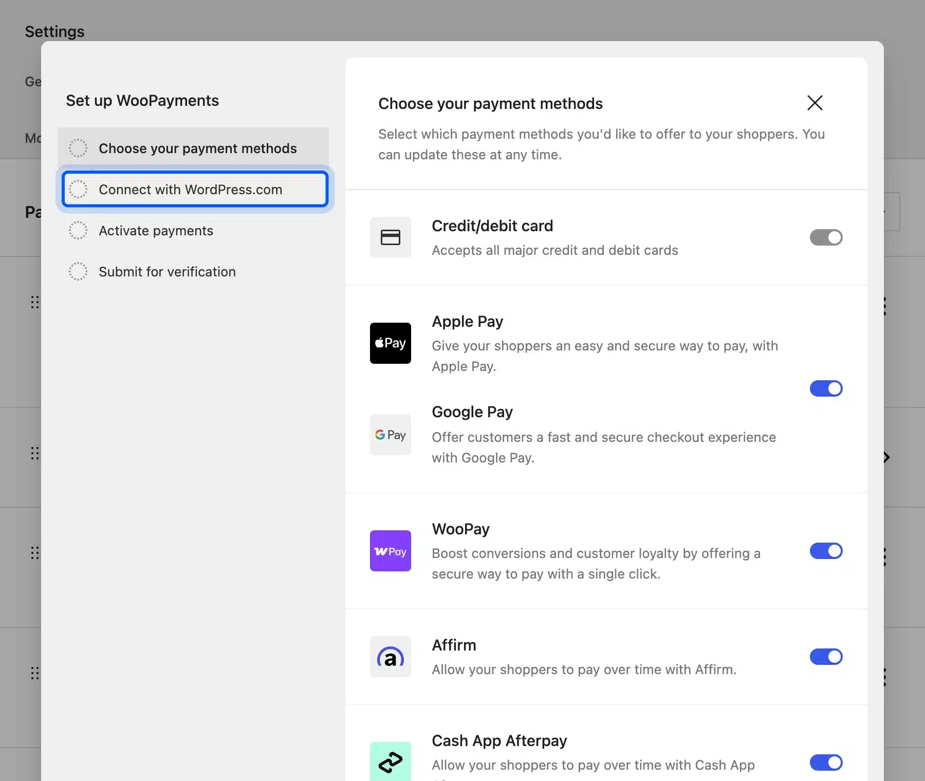 WooPayments setup wizard with payment method toggles