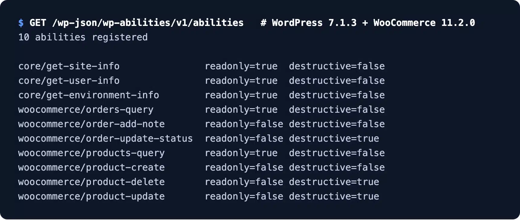 WordPress Abilities API listing WooCommerce abilities for AI agents