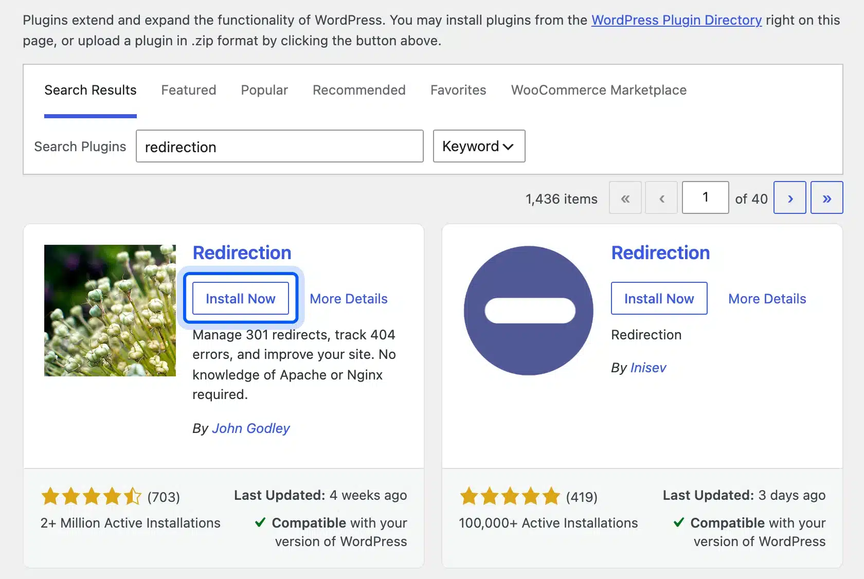 Redirection plugin search result with the Install Now button