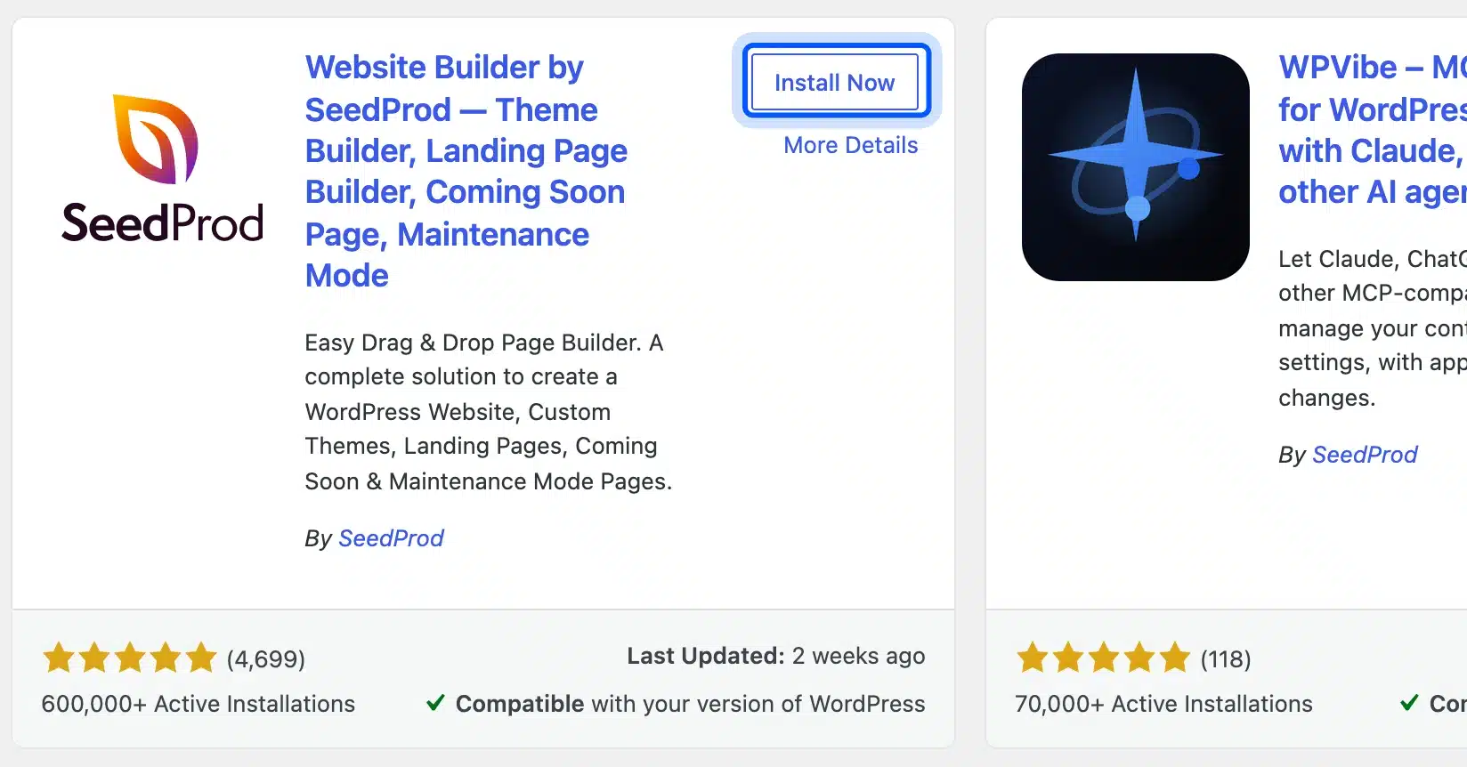 Install Now button for SeedProd on the Add Plugins screen