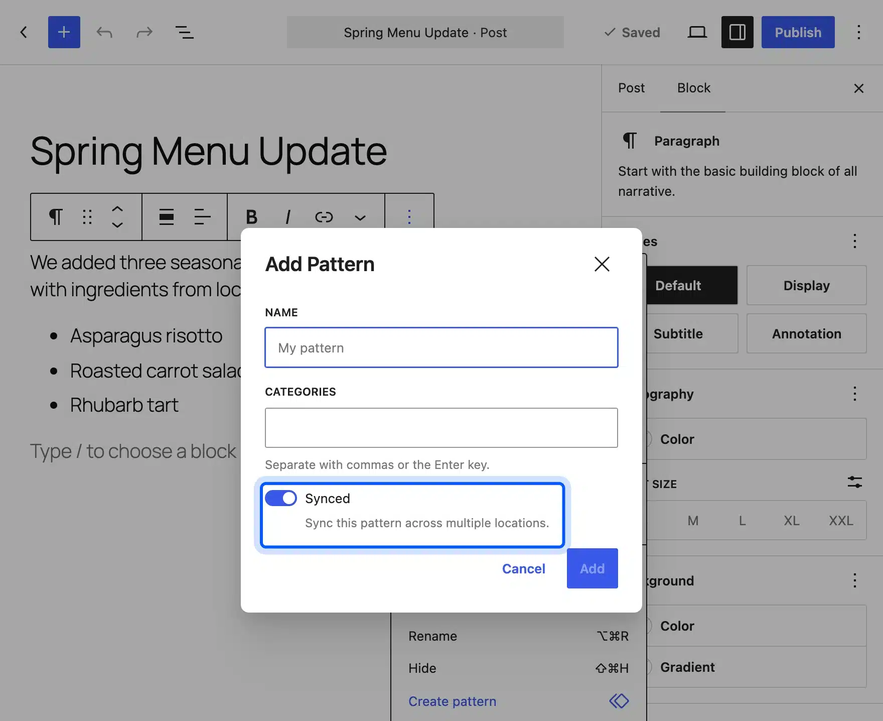 Add Pattern dialog with the Synced switch turned on