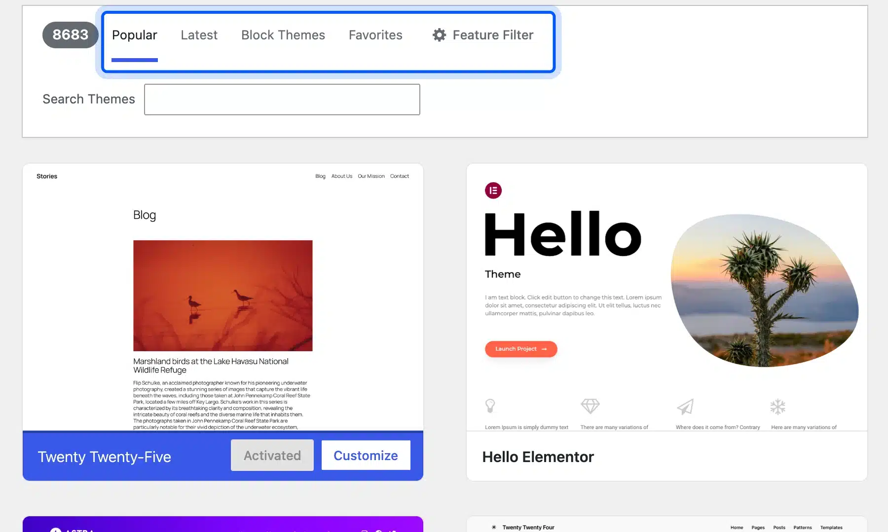 Popular tab on the WordPress Add Themes screen