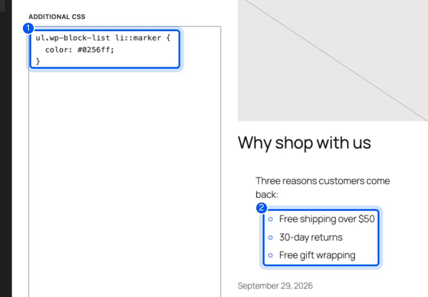 WordPress Site Editor CSS panel with a list marker color rule and a blue bullet preview
