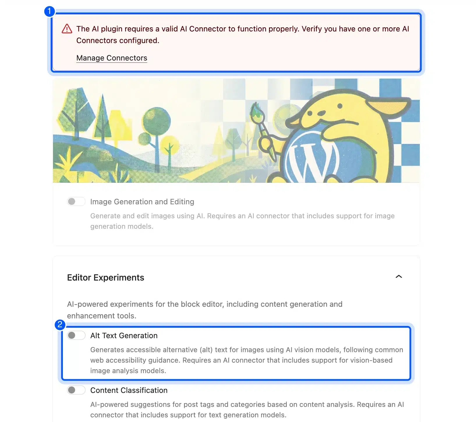 WordPress AI settings with the connector warning and the Alt Text Generation option highlighted