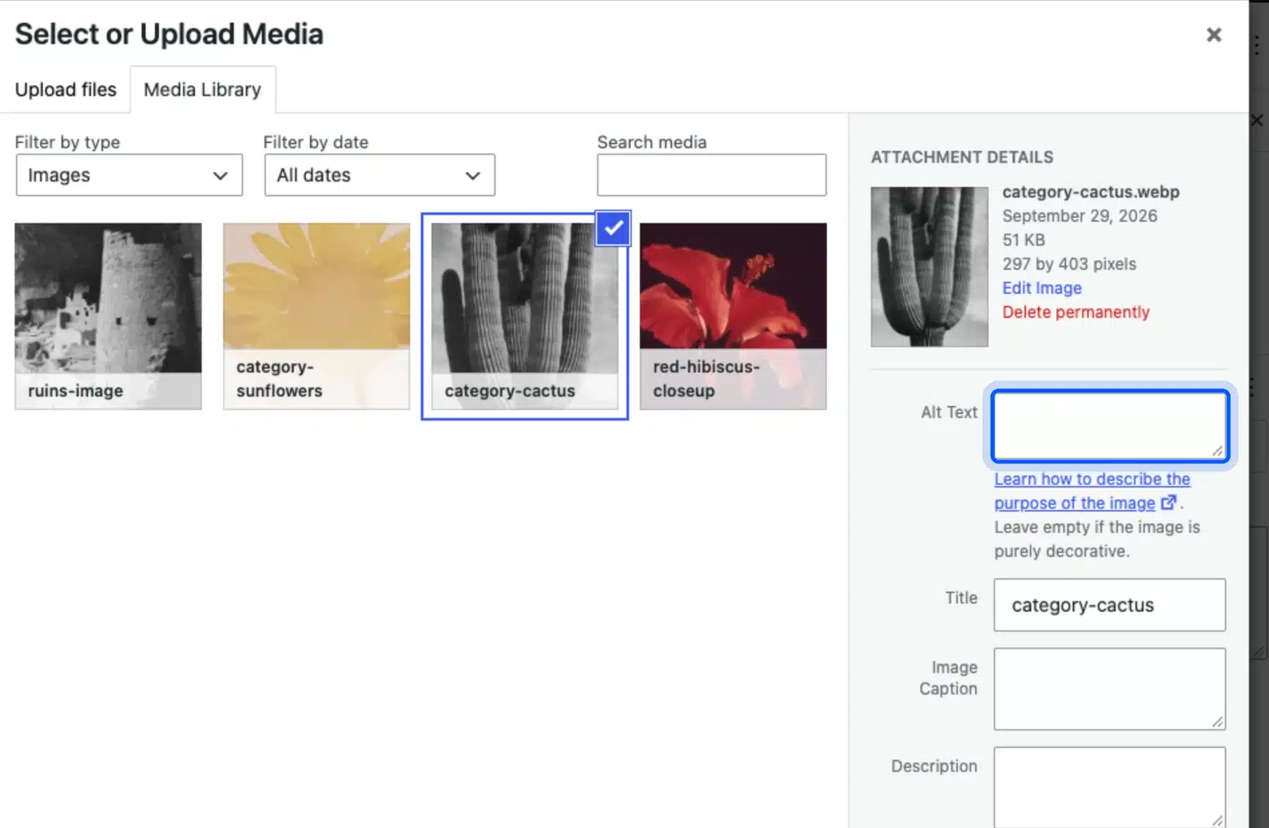 Select or Upload Media window in the WordPress block editor with the Alt Text field highlighted