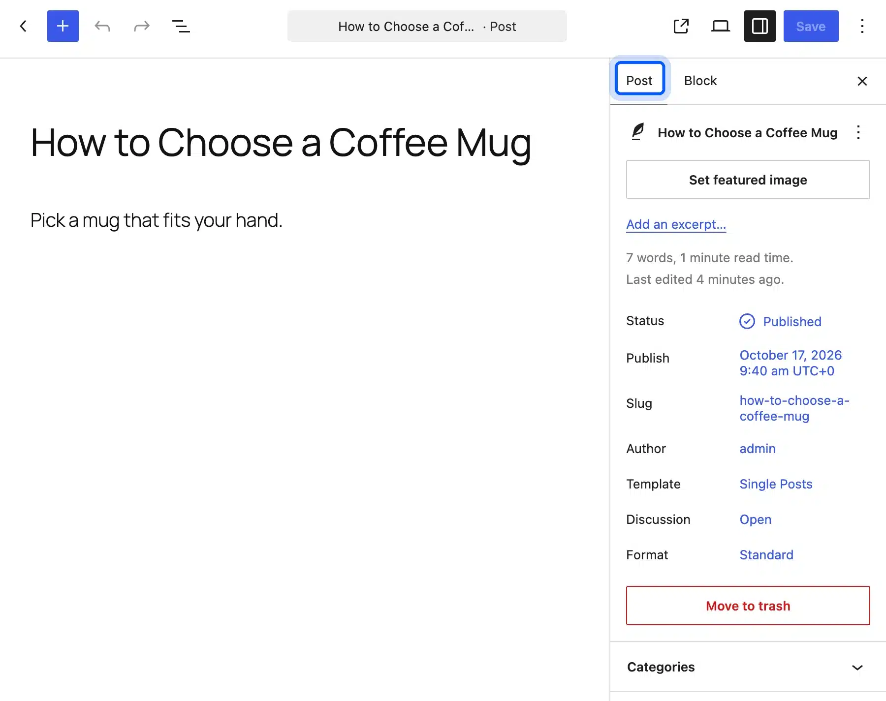 WordPress block editor sidebar with the Post tab selected