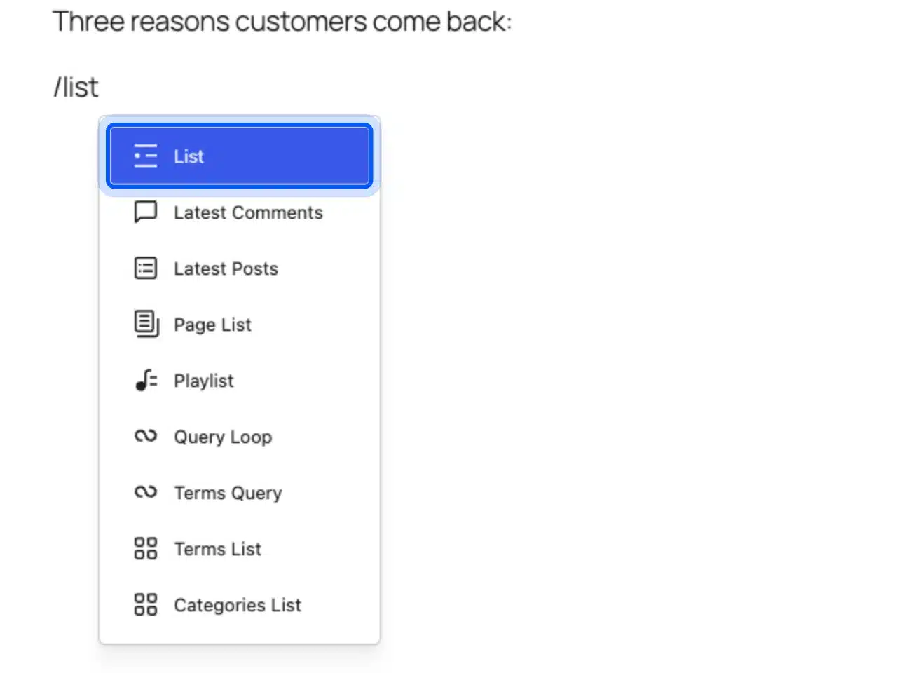 Add bullet points in WordPress by typing slash list and choosing the List block