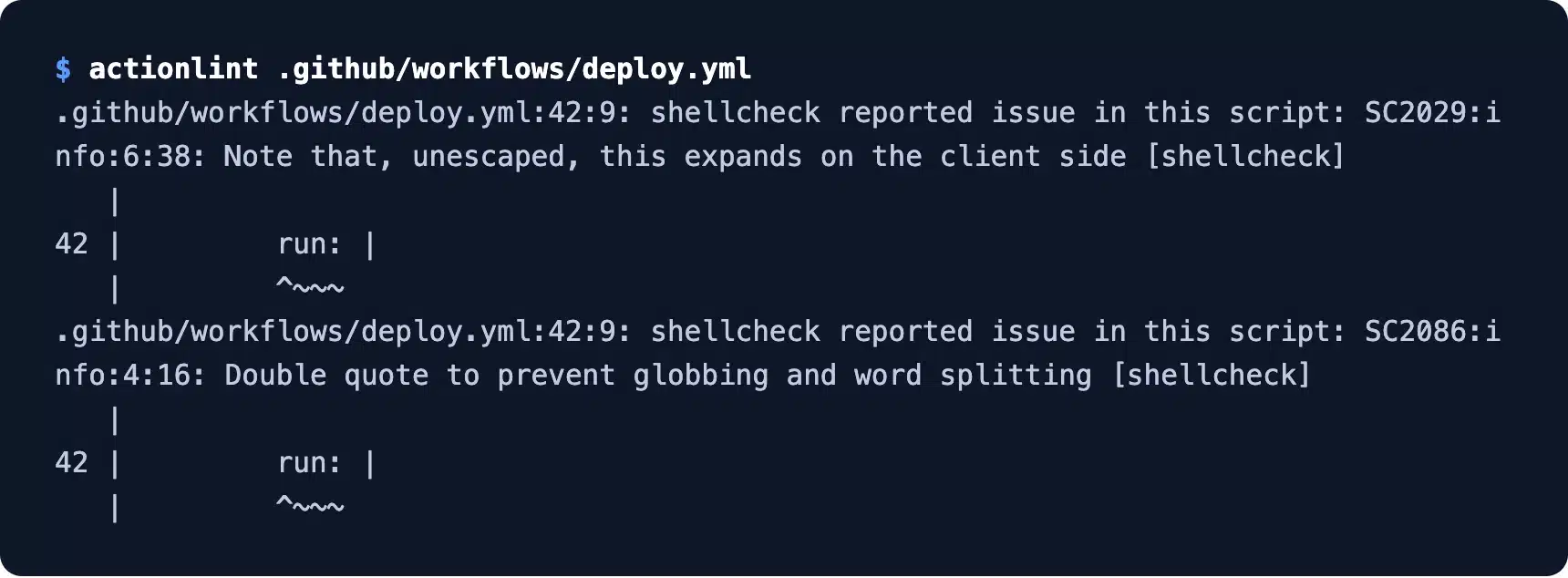 Lint findings from actionlint on a WordPress GitHub Actions workflow