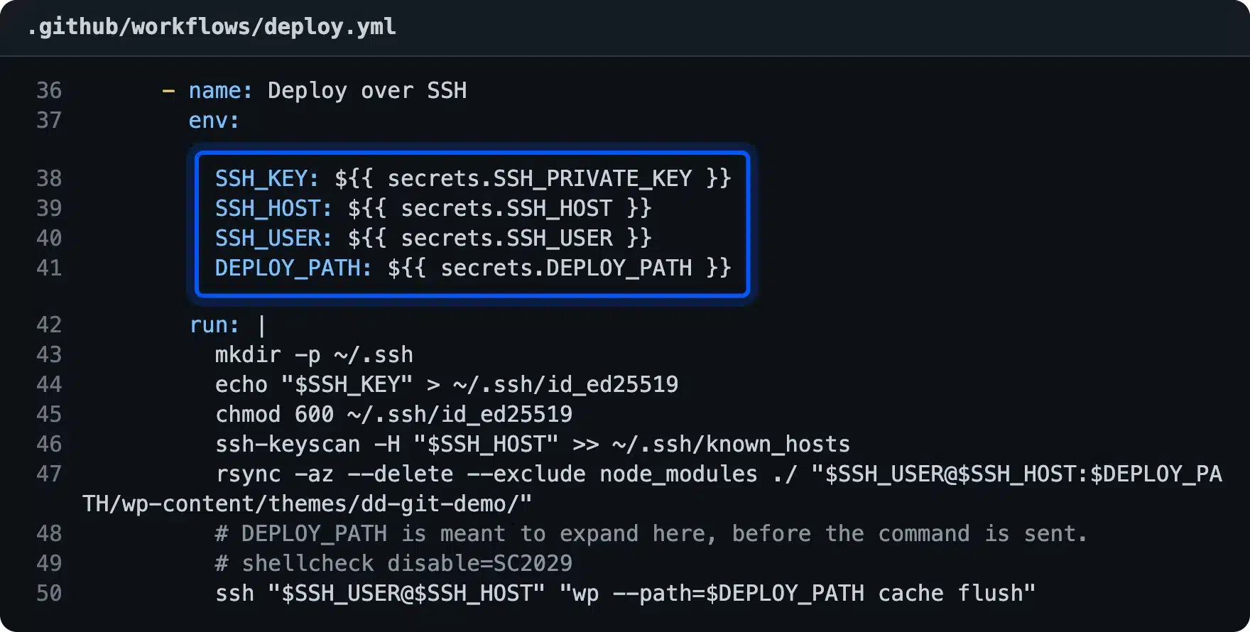 GitHub Actions secrets mapped to environment variables in a WordPress deploy step