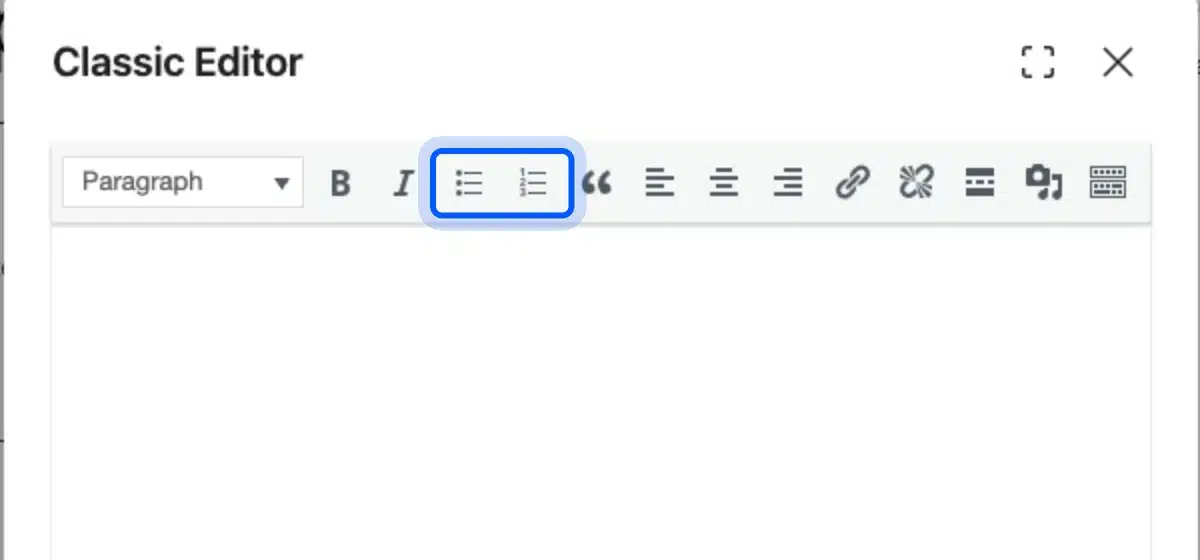 WordPress Classic Editor toolbar with the Bulleted list and Numbered list buttons highlighted