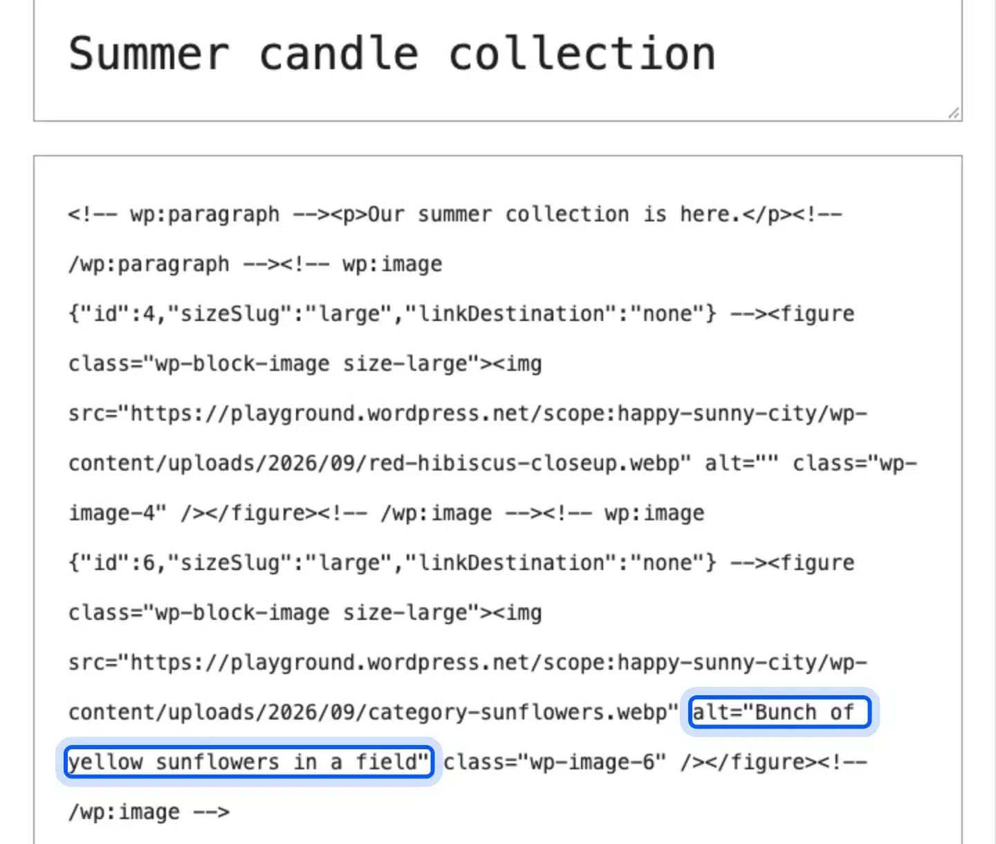 WordPress code editor showing the alt attribute of a sunflower image