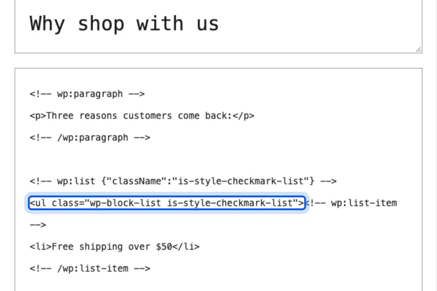 WordPress code editor showing the ul tag of a checkmark list block