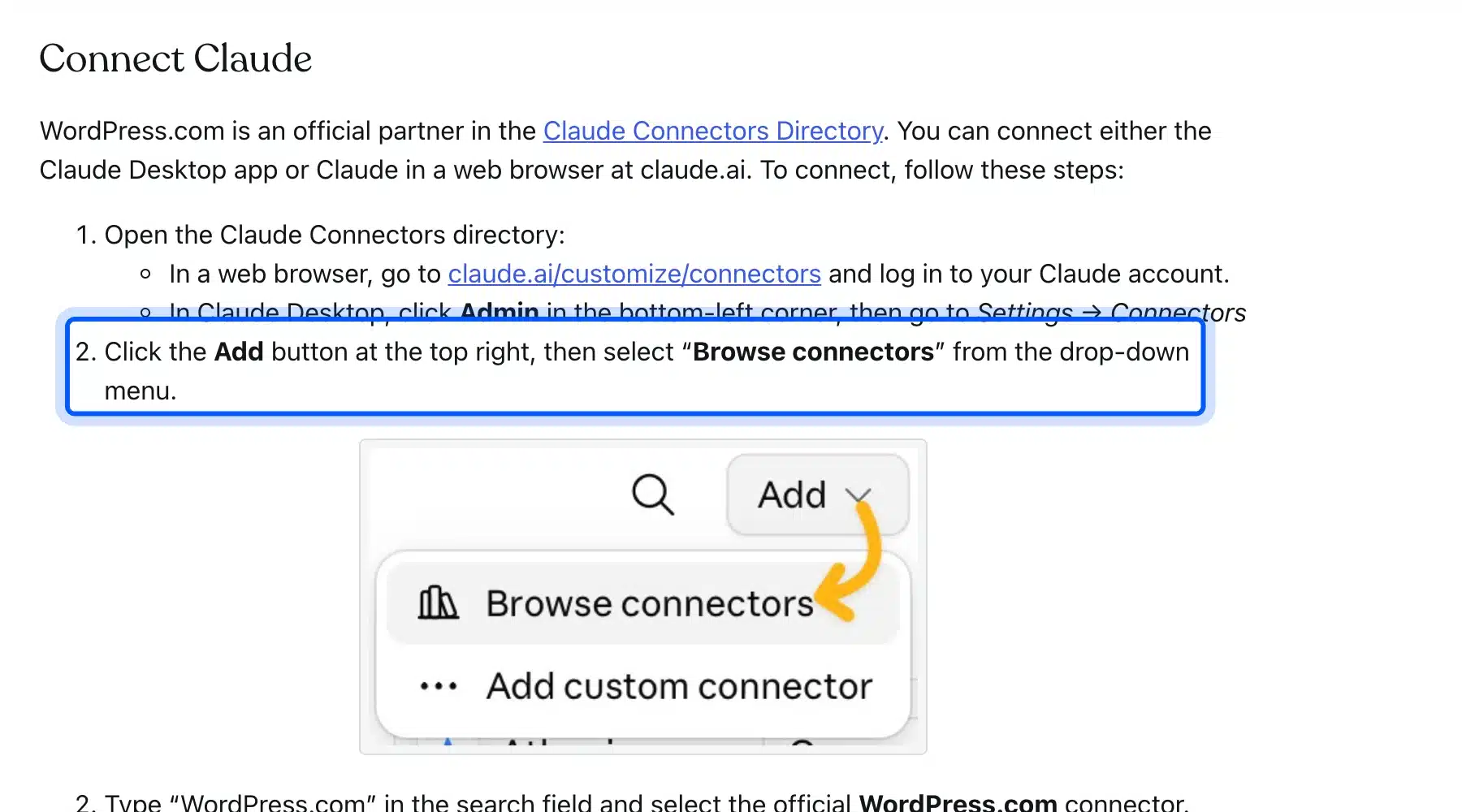 WordPress.com guide steps for connecting Claude with the Add menu and Browse connectors option highlighted